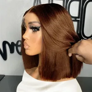 Vietnamese Glueless Human Hair Wig Chocolate Brown Straight Short Bob Human Hair Wigs 13x4 Hd Transparent Lace Front Wig