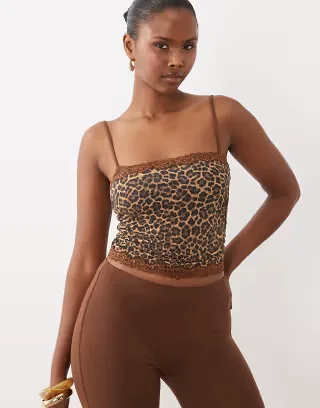 Oh Polly modal peekaboo lace trim cami top in leopard