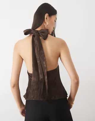 ASOS DESIGN satin jaquard high neck top with fringe detail in chocolate