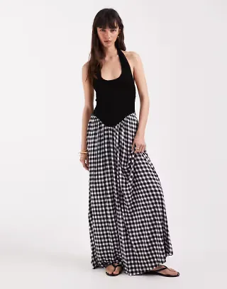 ASOS DESIGN crinkle halter neck midi dress in mono gingham print
