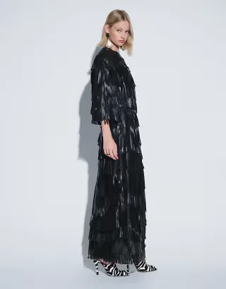 ARRANGE leather asymmetric fringe top and fringe midi skirt set in black