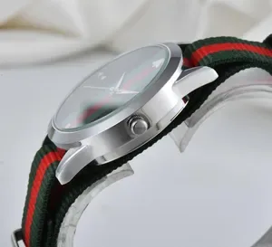 Unisex Stainless Steel Quartz Watch - 40mm Analog Dial, Hardlex Window, Black Brown Green-Red Striped Fabric Band, Pin B