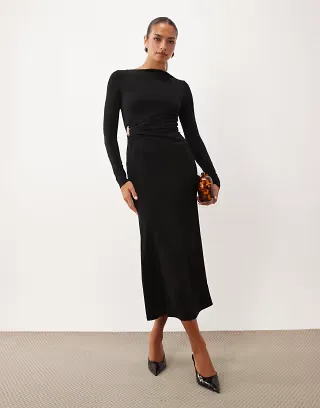 ASOS DESIGN long sleeve twist hardware detail midi dress in black