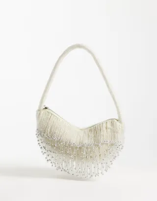 ASOS DESIGN embellished drop tassel shoulder bag in cream