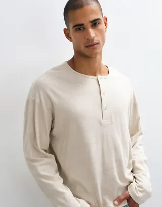 ASOS DESIGN boxy oversized T-shirt with linen and Henley in beige