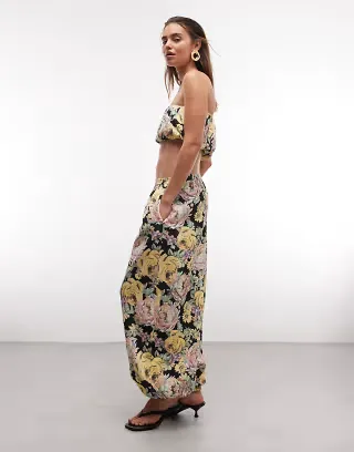 ASOS DESIGN linen look balloon pants in black floral - part of a set