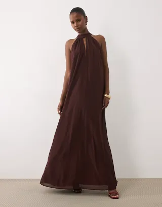 Lace & Beads sleeveless choker detail trapeze maxi dress in chocolate