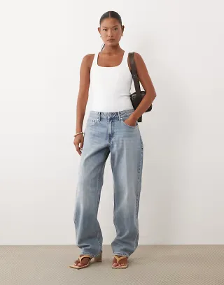 Good American Petite good 90's high waist straight leg jeans in light blue wash