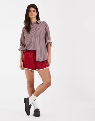 PIECES oversized long sleeve shirt in pink and brown stripes