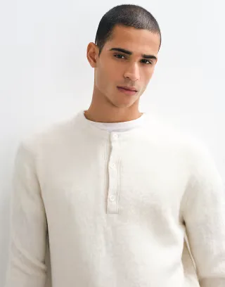Brave Soul Studio knitted henley sweater in oatmeal marl