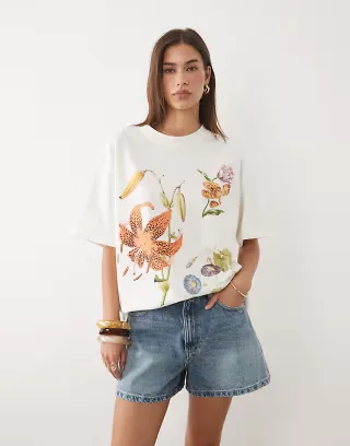 ASOS DESIGN oversized T-shirt with vintage flower graphic in cream