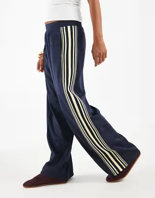ONLY Petite wide leg satin pants with side stripes in navy