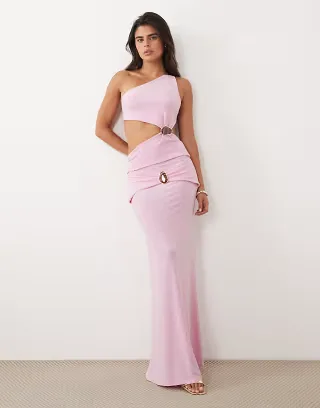 ASOS DESIGN one shoulder hardware cut out detail top and maxi skirt set in khaki