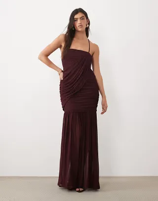 ASOS DESIGN mesh sleeveless asymmetric drape maxi dress in plum