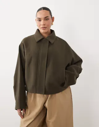 ASOS DESIGN Curve formal top collar cropped jacket in khaki