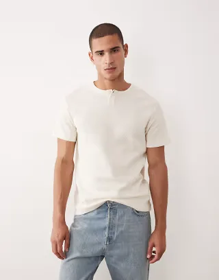 ASOS DESIGN regular T-shirt with short henley neck in cream waffle