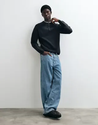 ASOS DESIGN relaxed knitted henley in black