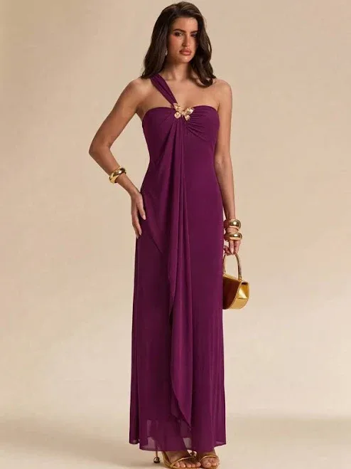 SHEIN Purple Metal Floral Decor Maxi Dress Women's Long Sleeveless Slim Fit Bodycon Knitted Fabric Sexy Beach Vacation P