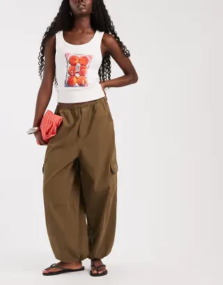 ASOS DESIGN bubble hem pants with cargo pockets in khaki