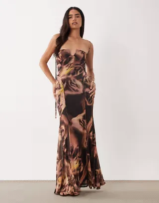 ASOS DESIGN printed mesh exposed seam sculpted cupped maxi dress in purple floral