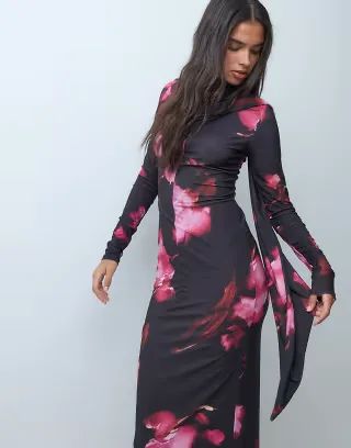 ASOS DESIGN slinky long sleeve high neck scarf detail maxi dress in floral print