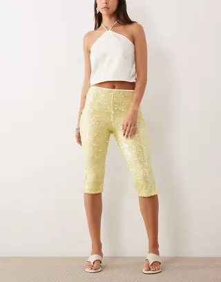 ASOS DESIGN sequined 3/4 length pants in yellow