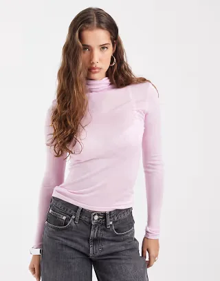 ASOS DESIGN sheer second skin turtleneck top in pink