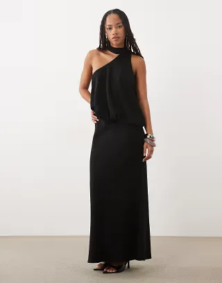 ASOS DESIGN one shoulder with tie neck maxi dress in black