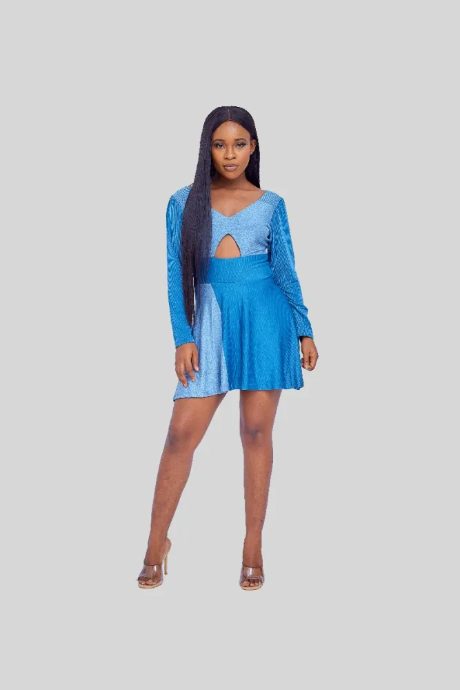 TWO TONE FRONT CUT OUT FLARE DRESS