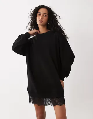 ASOS DESIGN long sleeve T-shirt mini dress with lace in black