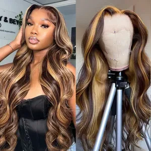 Honey Blonde Body Wave Lace Front Wig - 14 in Synthetic Human Hair Blend, 180% Density, Heat Resistant, Pre-Plucked Peti