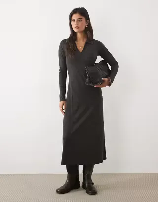 Nobody's Child ribbed jersey soft collared maxi dress in charcoal