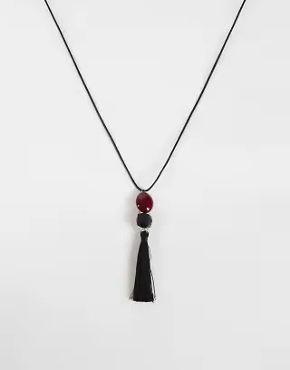 Reclaimed Vintage cord pendant with tassel drop and garnet bead