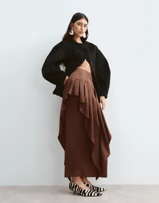 ARRANGE volume overlay column satin midi skirt in chocolate