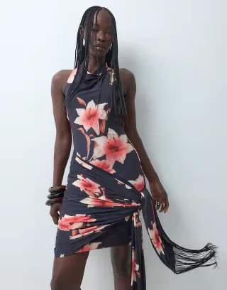 ASOS DESIGN printed floral slinky high neck cowl mini dress with fringe sash in black