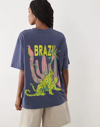 ASOS DESIGN oversized T-shirt with Brazil leopard graphic in light blue
