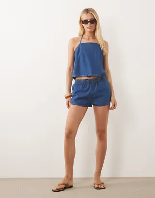 ASOS DESIGN denim high neck top in mid wash blue set