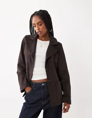 Threadbare faux suede mid length button down jacket in chocolate brown