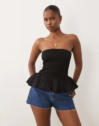 ASOS DESIGN shirred ruffle hem bandeau top in black