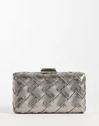 True Decadence structured woven clutch purse in silver-tone metallic
