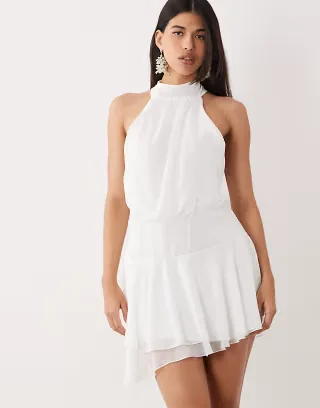 Fashionkilla exclusive chiffon halterneck foldover detail ruffle skirt mini dress in white