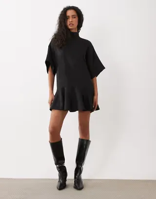 ASOS DESIGN funnel neck relaxed mini dress in black jacquard