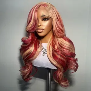 200% Brazilian Pomegranate Red 613 Blonde Highlight Frontal Simulation Human Hair 13x4 Body Wave Lace Front Wigs for Wom