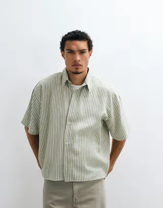 Reclaimed Vintage short sleeve cropped boxy shirt in olive pinstripe