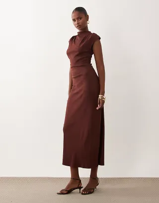 ASOS DESIGN ruched side ribbed midi dress in brown