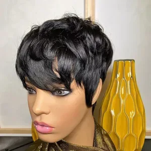 Short Pixie Cut Wigs Human Hair for Black Women: Glueless Machine Made with Bangs