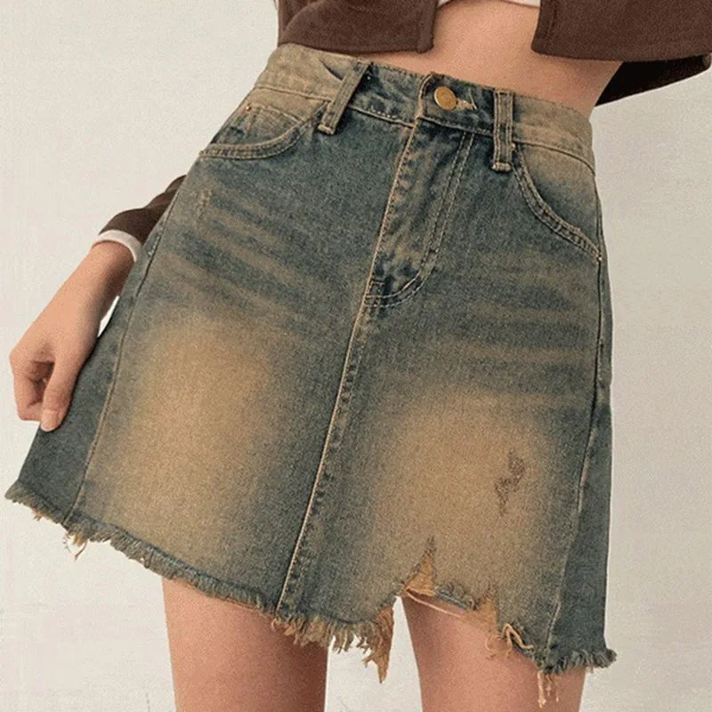 Vintage Washed Distressed Mini A-Line Denim Skirt