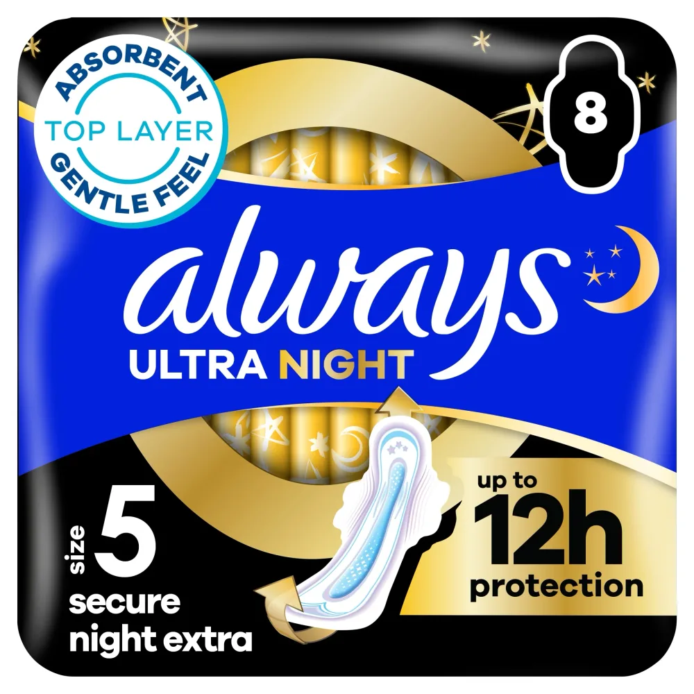 Always Ultra Secure Night Extra Size 5 Sanitary Towels With Wings 8 Pack