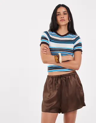 ASOS DESIGN Tailored runner shorts in satin in brown