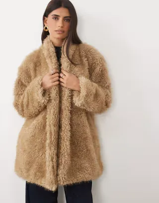 Pretty Lavish faux fur tie belt jacket in cream